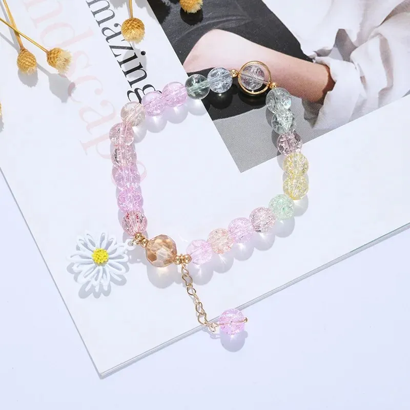 Korean Shell Daisy Crystal Beaded Bracelet For Elegant Ladies Elastic Adjustable Charm Bracelet Jewelry Party Anniversary Gifts