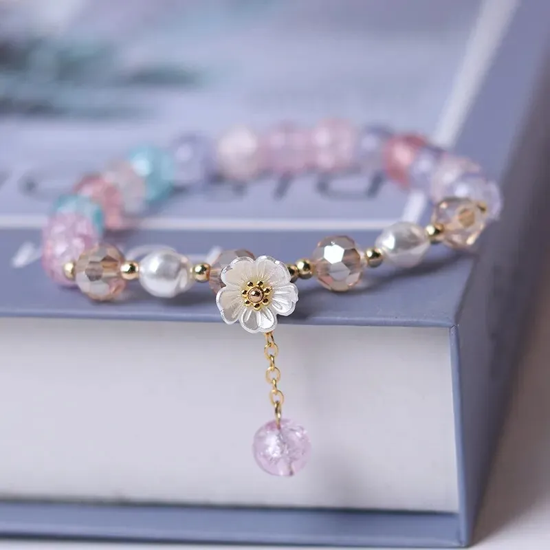 Korean Shell Daisy Crystal Beaded Bracelet For Elegant Ladies Elastic Adjustable Charm Bracelet Jewelry Party Anniversary Gifts