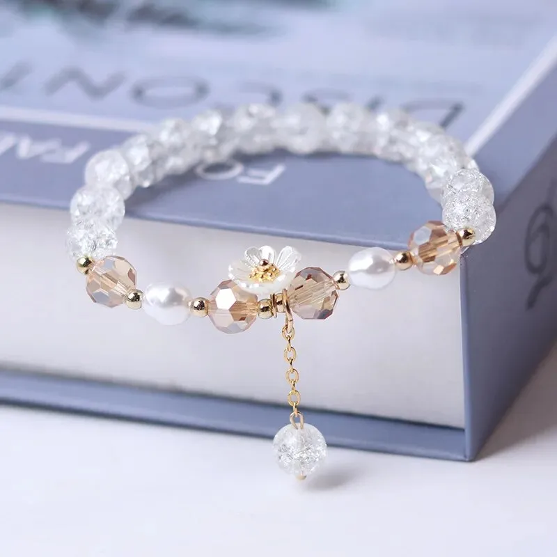 Korean Shell Daisy Crystal Beaded Bracelet For Elegant Ladies Elastic Adjustable Charm Bracelet Jewelry Party Anniversary Gifts