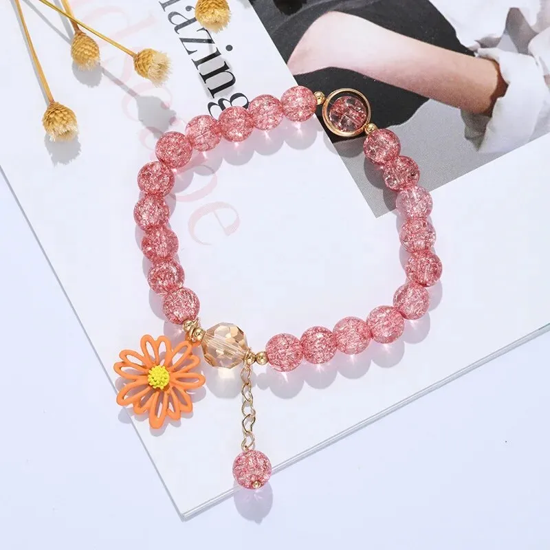 Korean Shell Daisy Crystal Beaded Bracelet For Elegant Ladies Elastic Adjustable Charm Bracelet Jewelry Party Anniversary Gifts