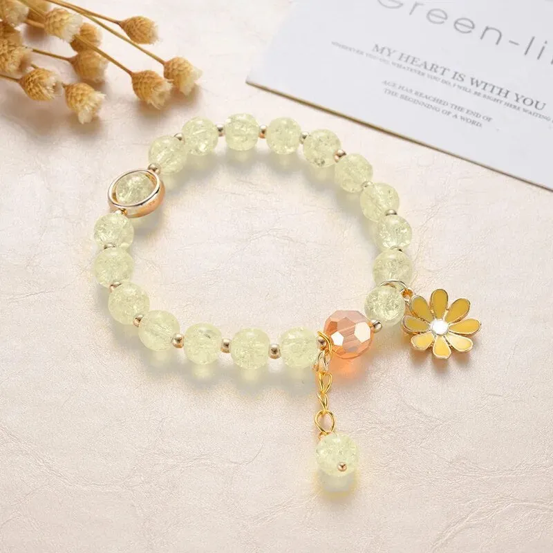 Korean Shell Daisy Crystal Beaded Bracelet For Elegant Ladies Elastic Adjustable Charm Bracelet Jewelry Party Anniversary Gifts
