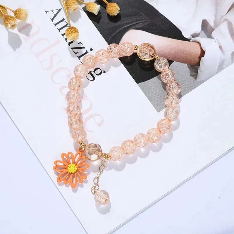 Korean Shell Daisy Crystal Beaded Bracelet For Elegant Ladies Elastic Adjustable Charm Bracelet Jewelry Party Anniversary Gifts