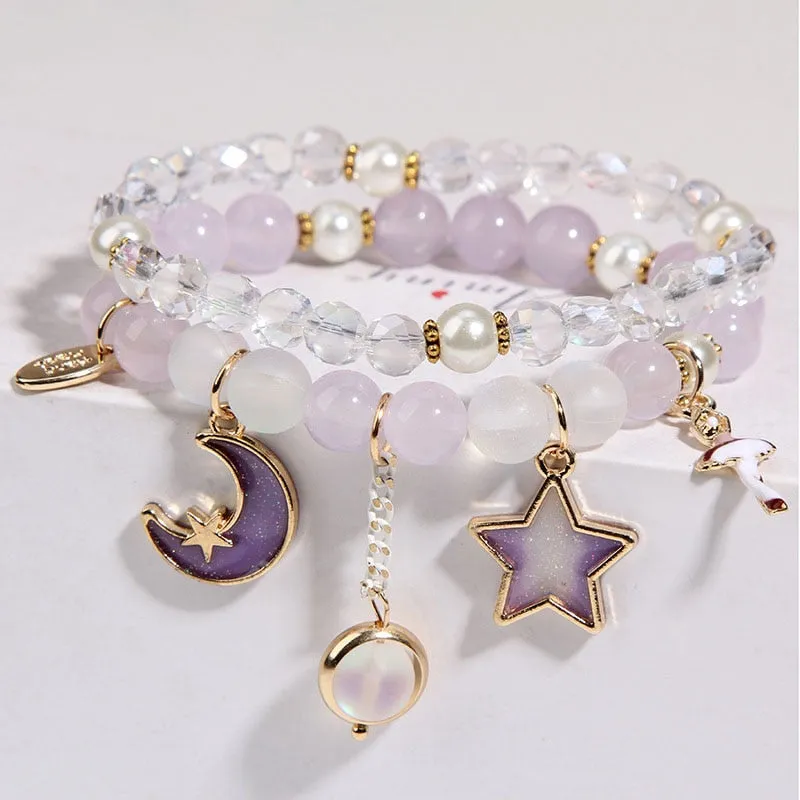 Korean small fresh crystal beaded bracelet for women double layer bracelet sweet girl heart star moon bracelet female