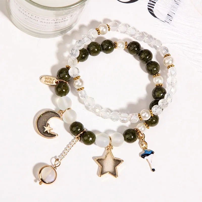Korean small fresh crystal beaded bracelet for women double layer bracelet sweet girl heart star moon bracelet female
