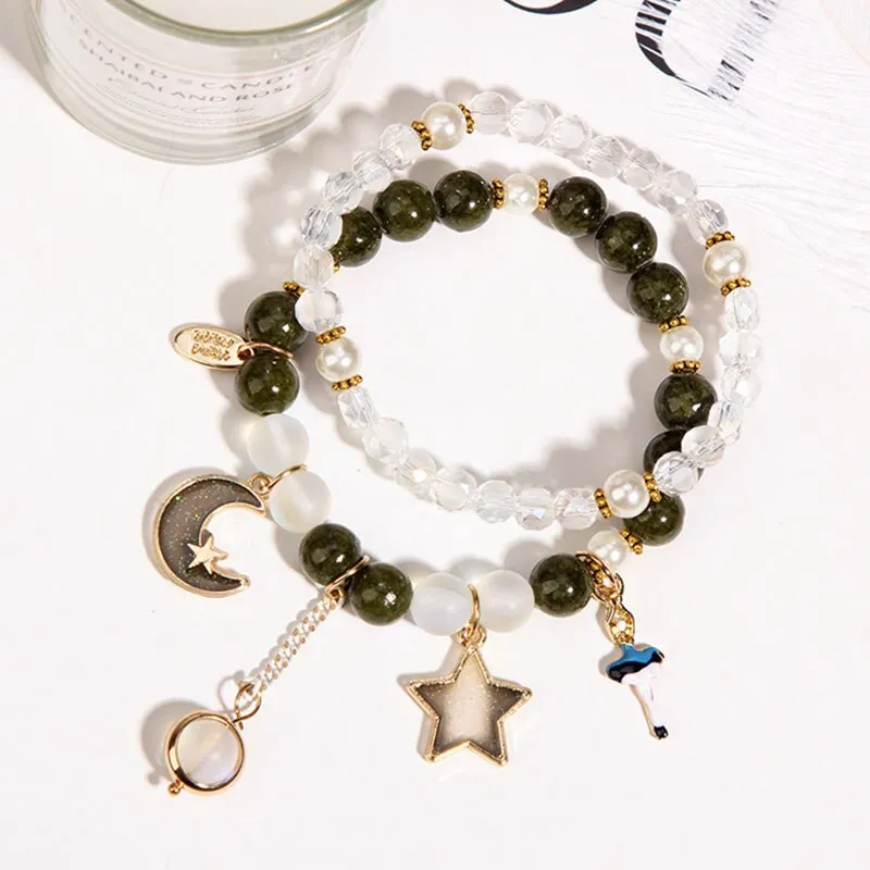 Korean small fresh crystal beaded bracelet for women double layer bracelet sweet girl heart star moon bracelet female