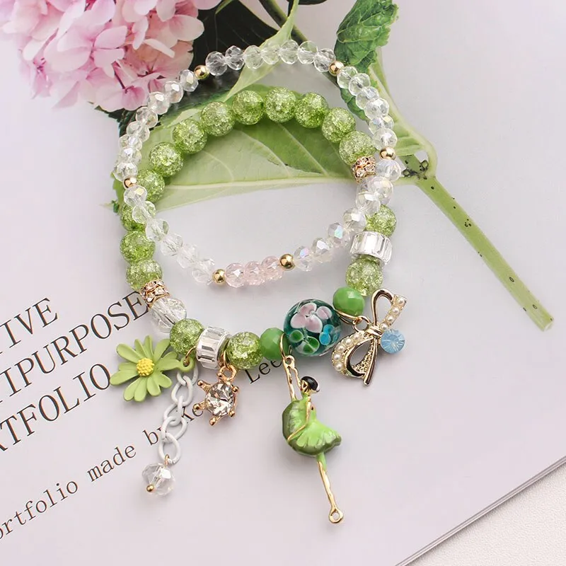 Korean small fresh crystal beaded bracelet for women double layer bracelet sweet girl heart star moon bracelet female