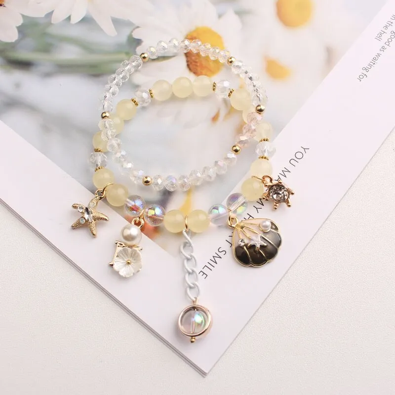 Korean small fresh crystal beaded bracelet for women double layer bracelet sweet girl heart star moon bracelet female