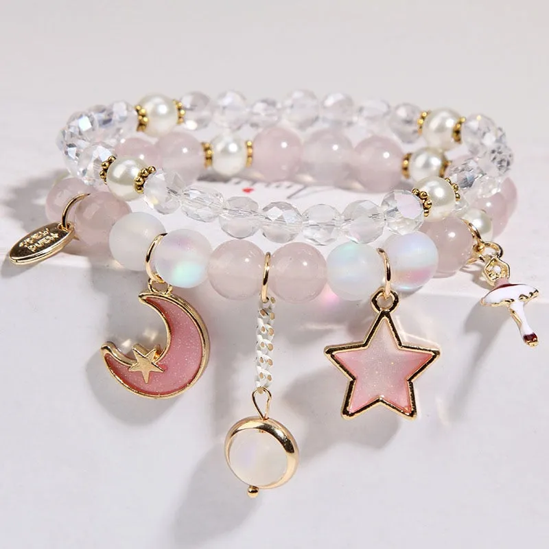 Korean small fresh crystal beaded bracelet for women double layer bracelet sweet girl heart star moon bracelet female