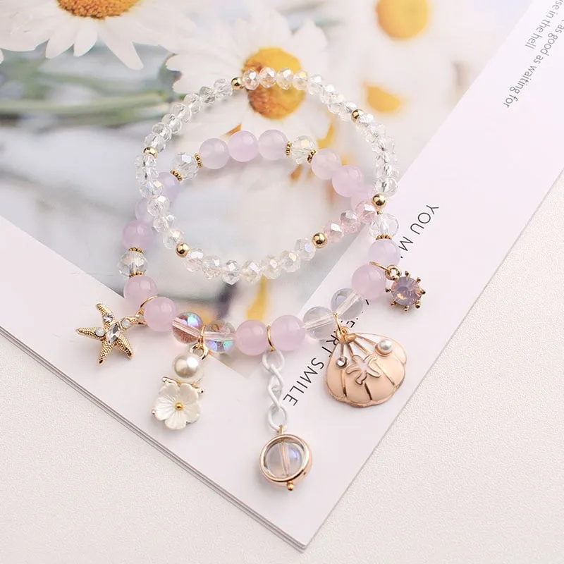Korean small fresh crystal beaded bracelet for women double layer bracelet sweet girl heart star moon bracelet female