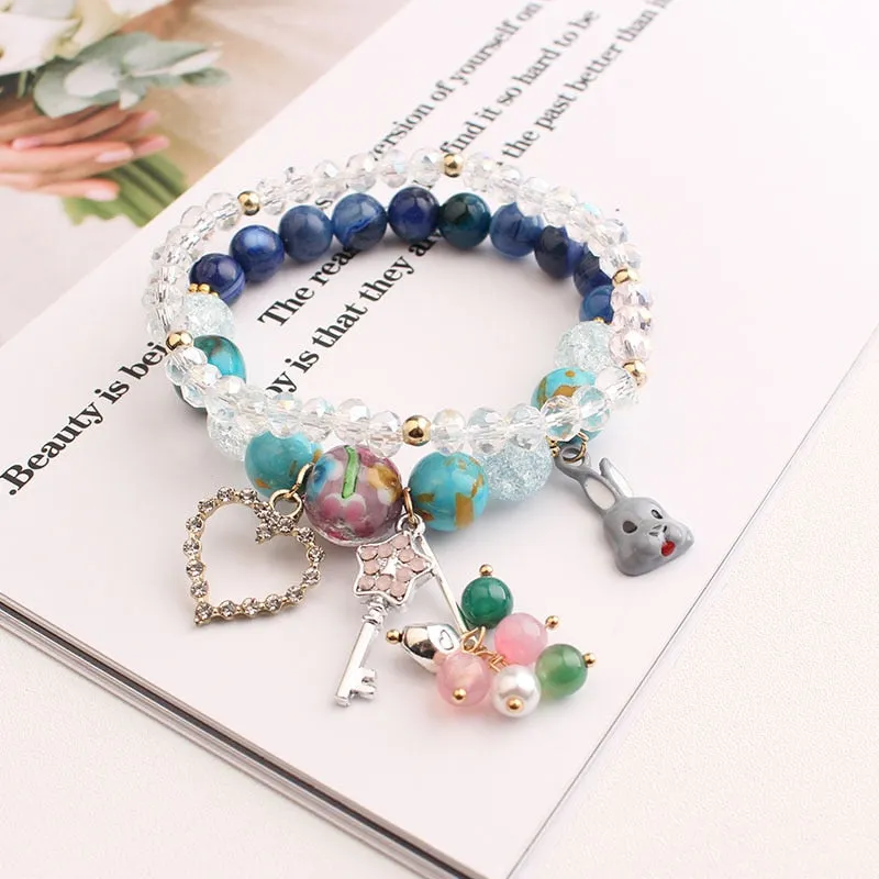 Korean small fresh crystal beaded bracelet for women double layer bracelet sweet girl heart star moon bracelet female