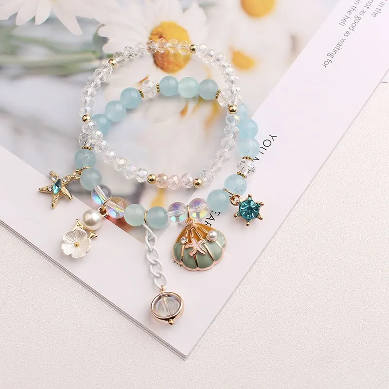 Korean small fresh crystal beaded bracelet for women double layer bracelet sweet girl heart star moon bracelet female