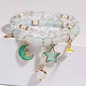Korean small fresh crystal beaded bracelet for women double layer bracelet sweet girl heart star moon bracelet female
