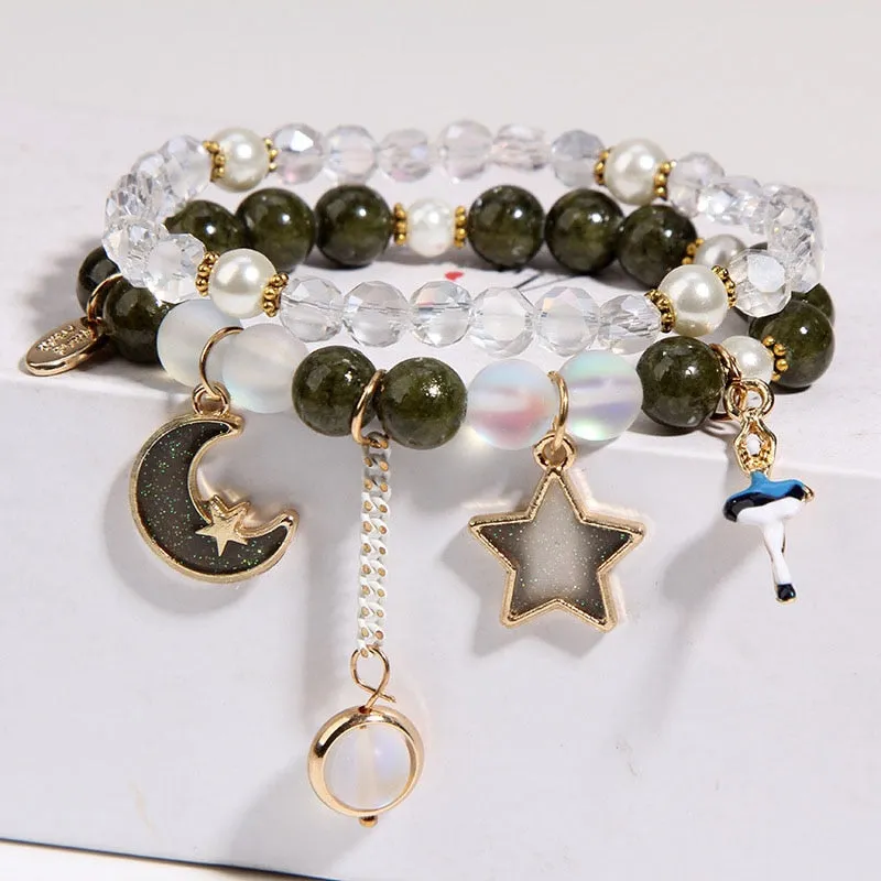 Korean small fresh crystal beaded bracelet for women double layer bracelet sweet girl heart star moon bracelet female