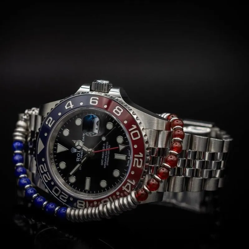 Lapiz Lazuli & Red Agata Stone Beaded Bracelet with White Gold  [PEPSI]