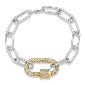 LARGE CZ SCREW CARABINER PAPERCLIP BRACELET, SILVER