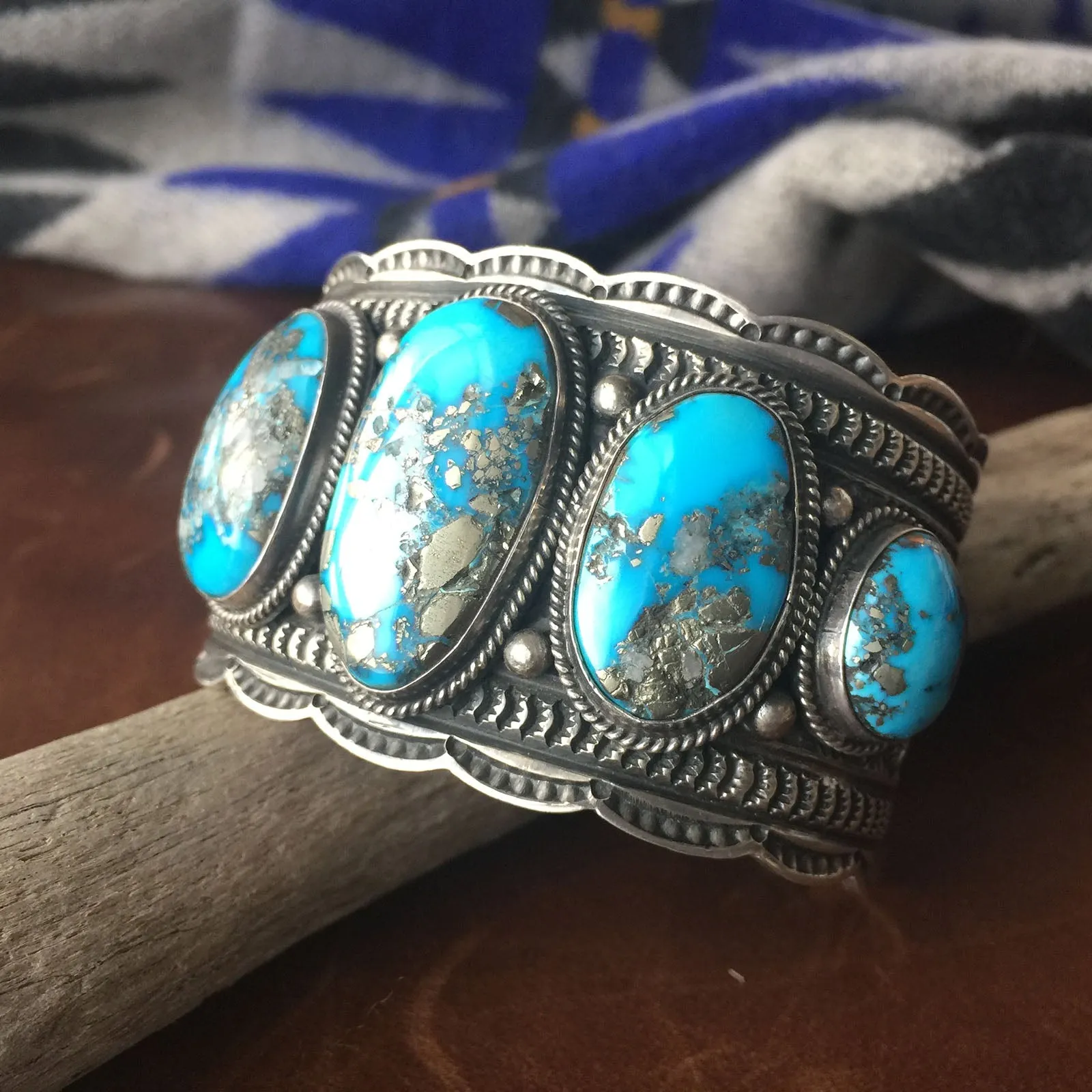 Large Kingman Turquoise Statement Bracelet Signed Sunshine Reeves