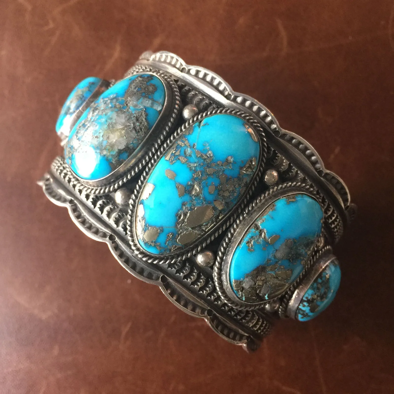 Large Kingman Turquoise Statement Bracelet Signed Sunshine Reeves