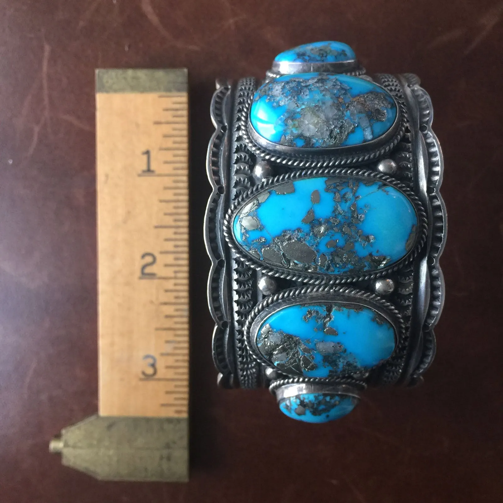 Large Kingman Turquoise Statement Bracelet Signed Sunshine Reeves