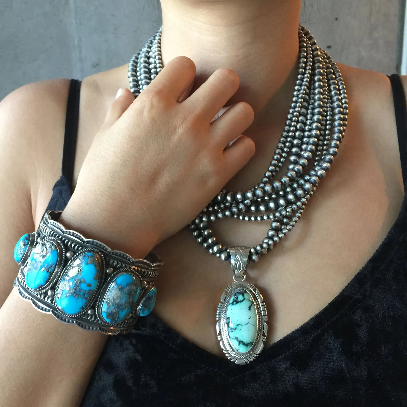 Large Kingman Turquoise Statement Bracelet Signed Sunshine Reeves