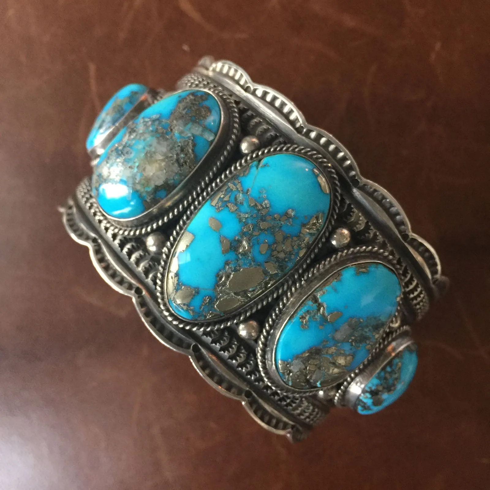 Large Kingman Turquoise Statement Bracelet Signed Sunshine Reeves