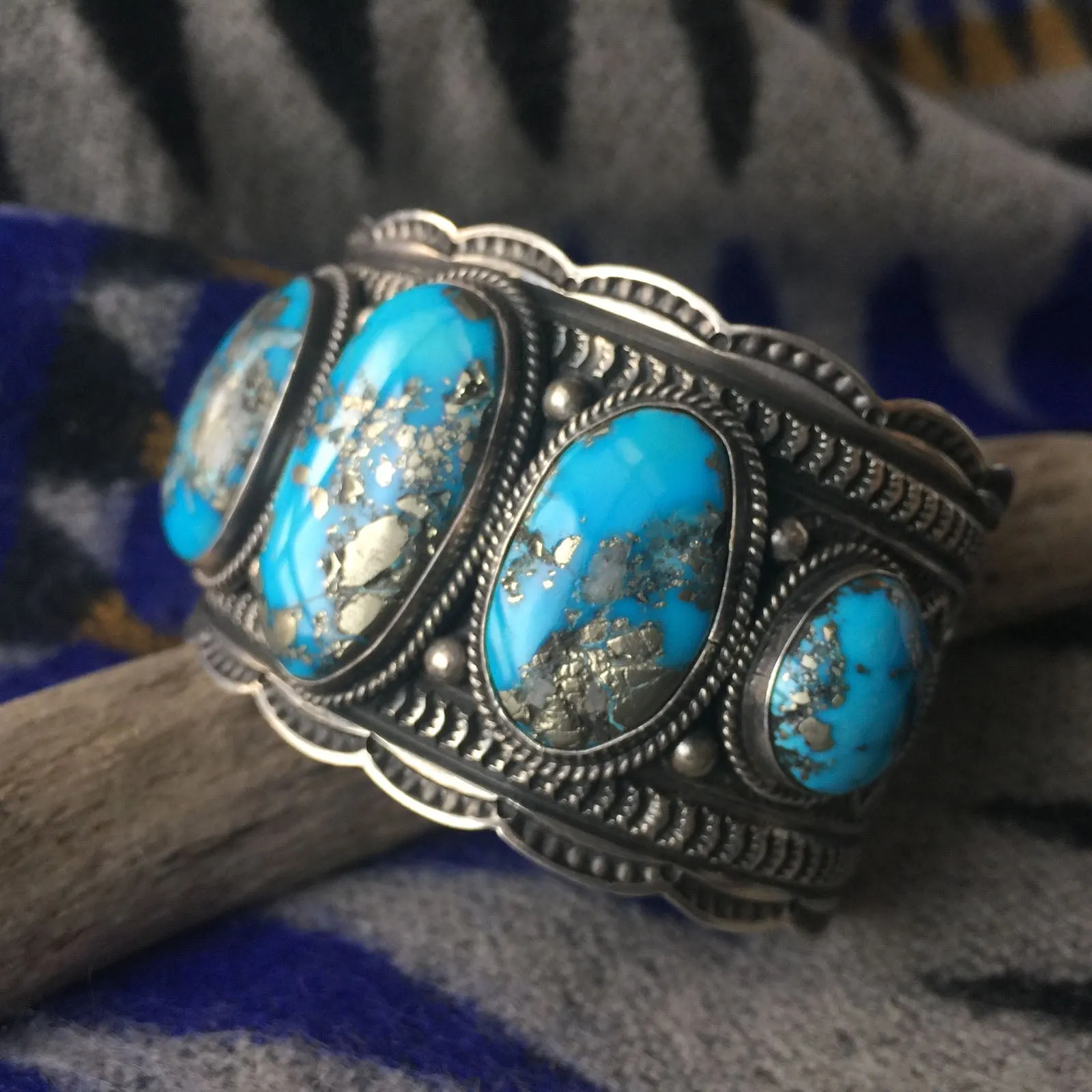 Large Kingman Turquoise Statement Bracelet Signed Sunshine Reeves