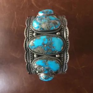Large Kingman Turquoise Statement Bracelet Signed Sunshine Reeves
