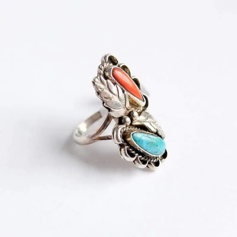 Large Turquoise and Coral Ring Size 5.25