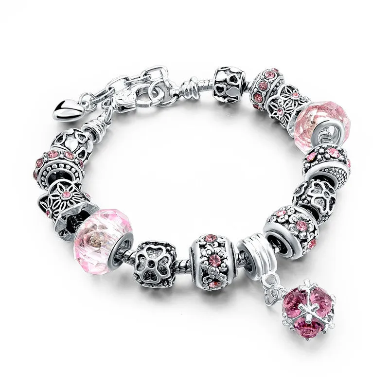 LongWay European Style Authentic Tibetan Silver Blue Crystal Charm Bracelet for Women Original DIY Beads Jewelry Christmas Gift