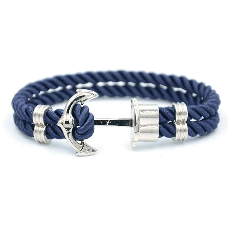 Luxury Modern Handmade Stainless Stell Men Anchor Bracelet made of Nylon in Navy Blue Color For Man