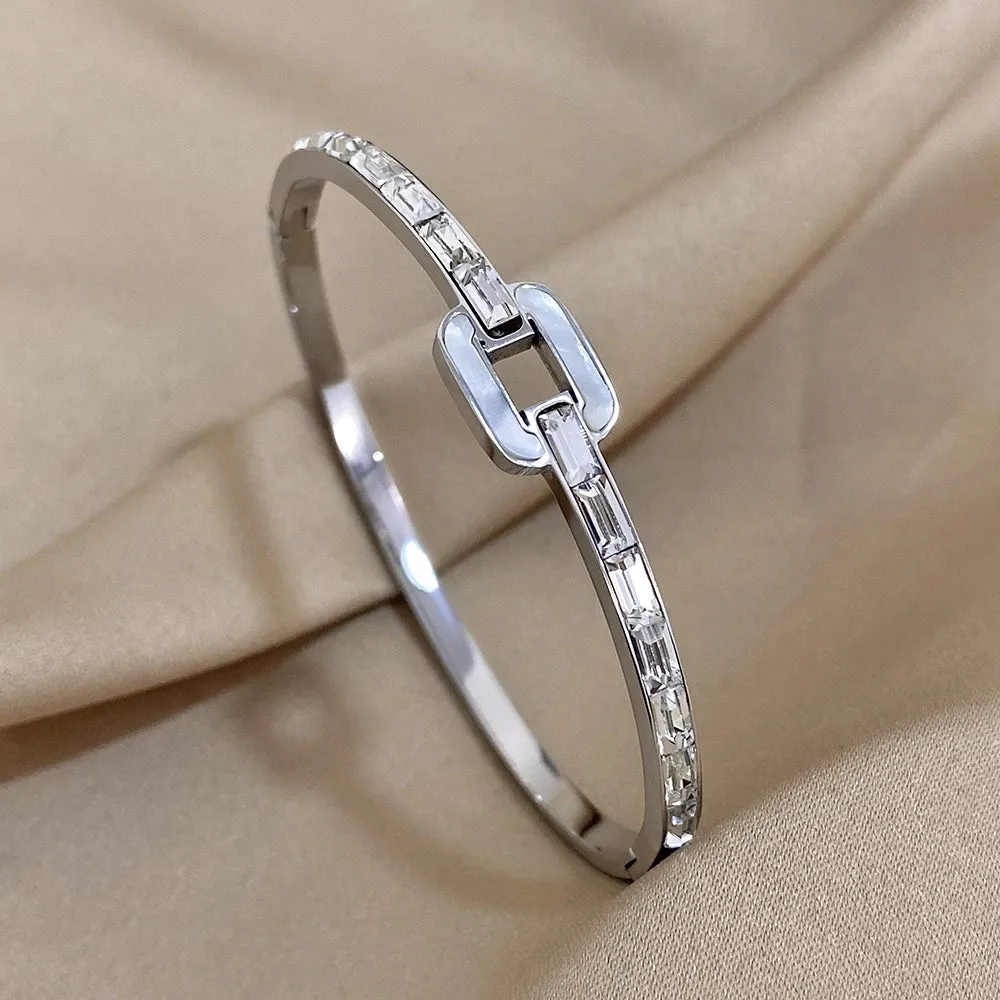 Luxury Zircon Stainless Steel White Shell Square Bracelet for Women Cuff Bangles Waterproof Simple Jewelry Accessories