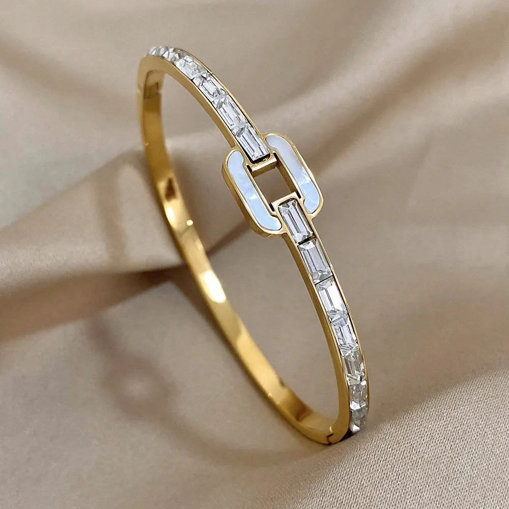 Luxury Zircon Stainless Steel White Shell Square Bracelet for Women Cuff Bangles Waterproof Simple Jewelry Accessories