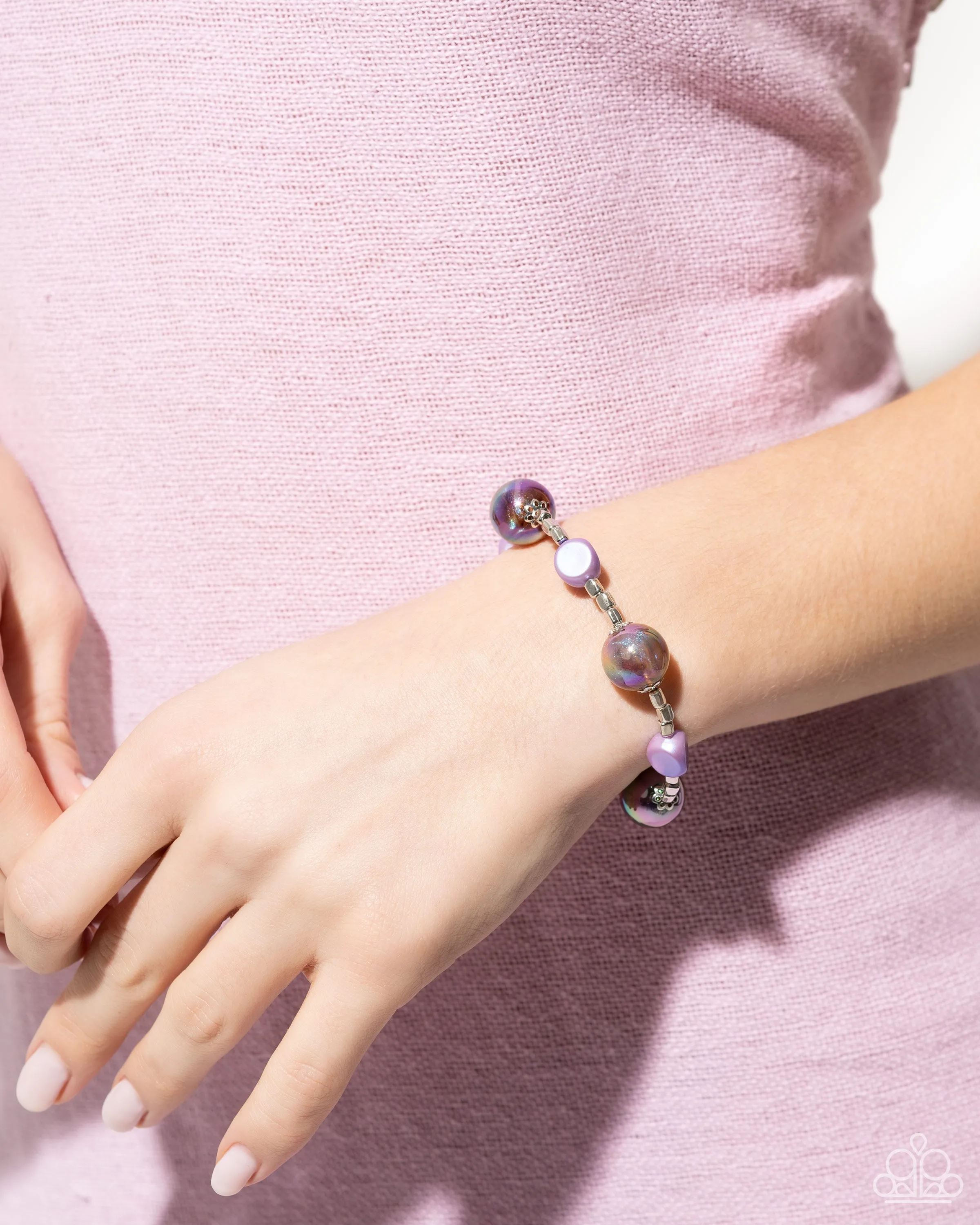 Malibu Model - Purple - Oil Spill Bead Flower Overlay Paparazzi Stretchy Bracelet