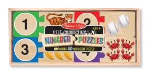 MELISSA & DOUG  Self Correcting Number Puzzles: Match these wooden puzzle pairs to make mastering numbers as easy as 1, 2, 3. Groups of objects illustrate numbers 1-20 - 2542
