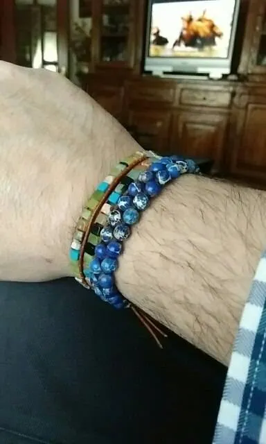 Men Bracelet Cool Natural Stone Beads Braided Cuff