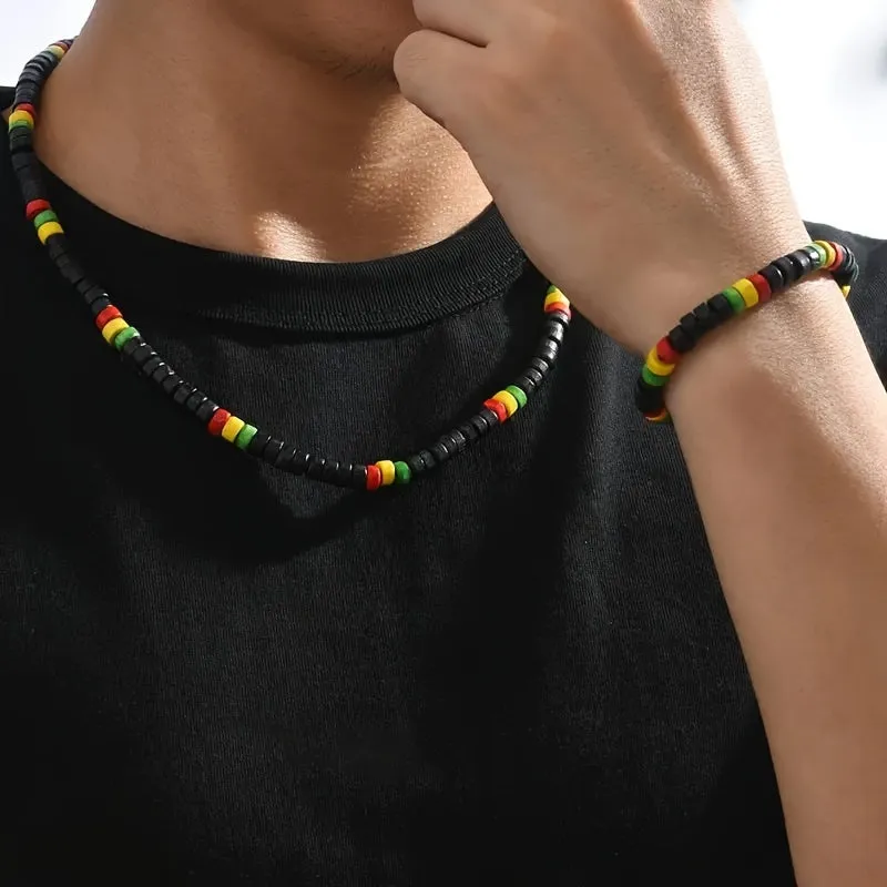 Men's Bohemian Colorful Bead Necklace Bracelet Set