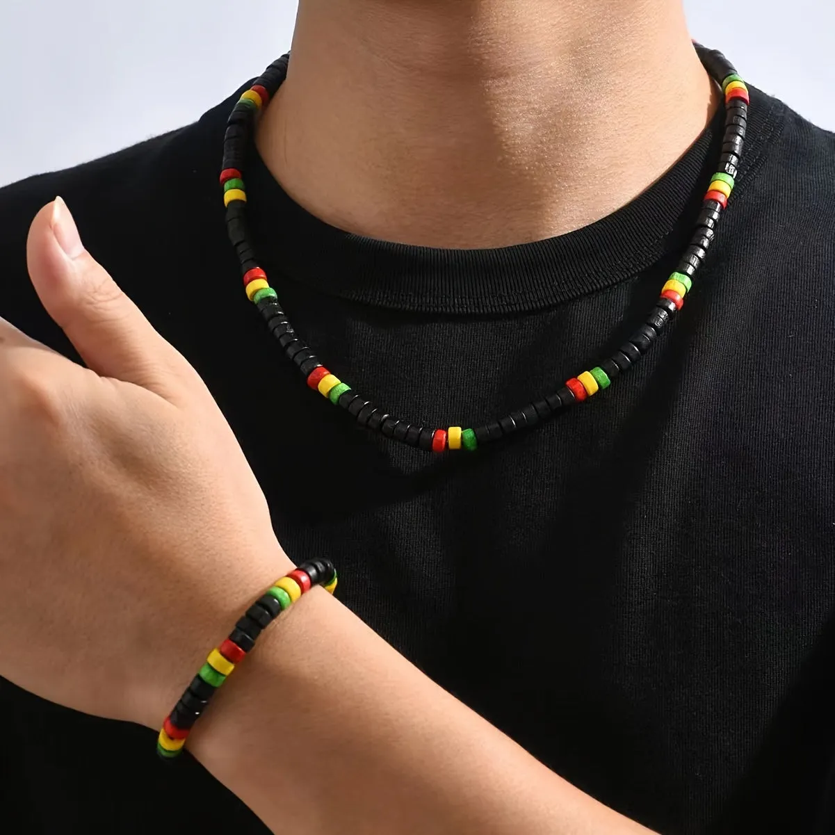 Men's Bohemian Colorful Bead Necklace Bracelet Set