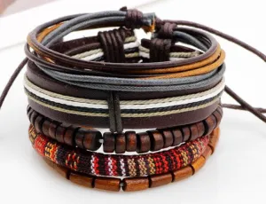 Mix of Browns with Wood Beads, Rope and Leather Bracelet Set