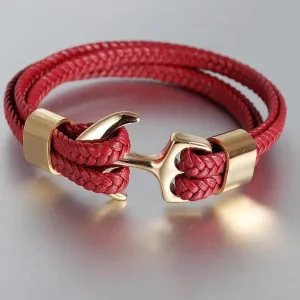 Modern Luxury Stainless Steel For Men Bracelet Legendary Red Genuine Leather Gold Black Anchor Multi-Layer Braided Bracelet Homme Elegant Men Jewelry