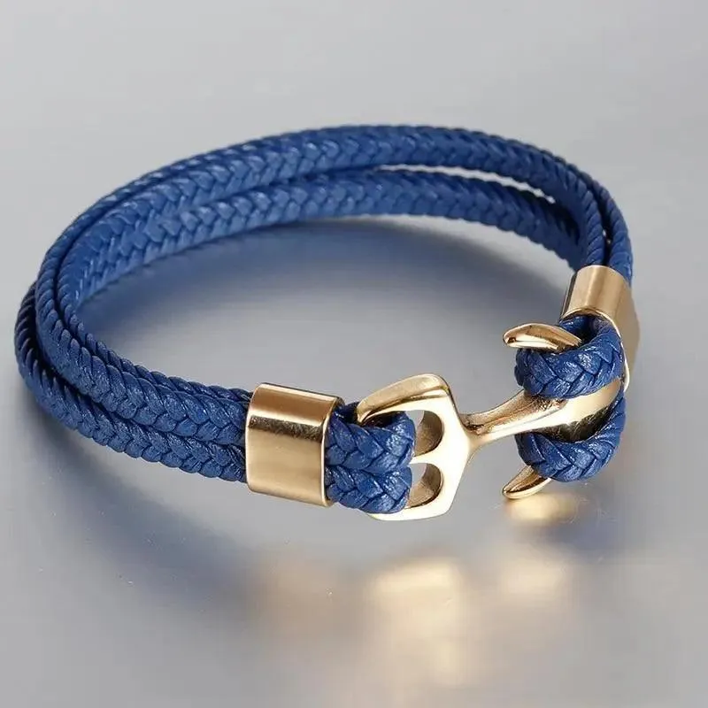 Modern Luxury Stainless Steel For Men Bracelet Legendary Red Genuine Leather Gold Black Anchor Multi-Layer Braided Bracelet Homme Elegant Men Jewelry