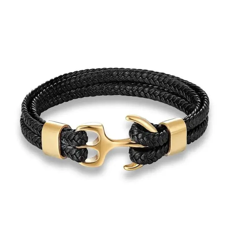 Modern Luxury Stainless Steel For Men Bracelet Legendary Red Genuine Leather Gold Black Anchor Multi-Layer Braided Bracelet Homme Elegant Men Jewelry