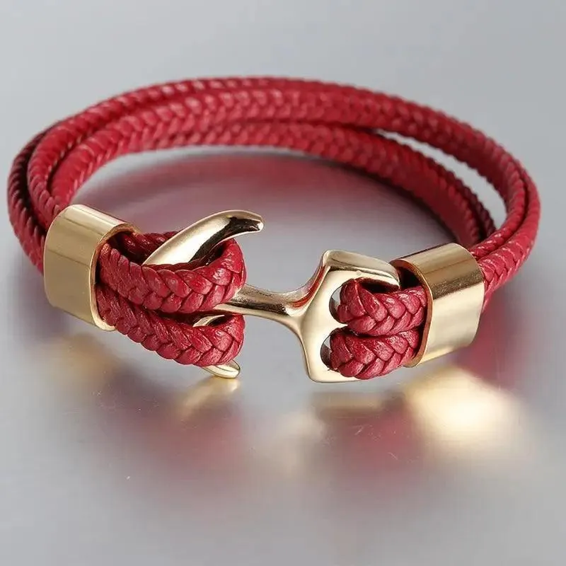 Modern Luxury Stainless Steel For Men Bracelet Legendary Red Genuine Leather Gold Black Anchor Multi-Layer Braided Bracelet Homme Elegant Men Jewelry