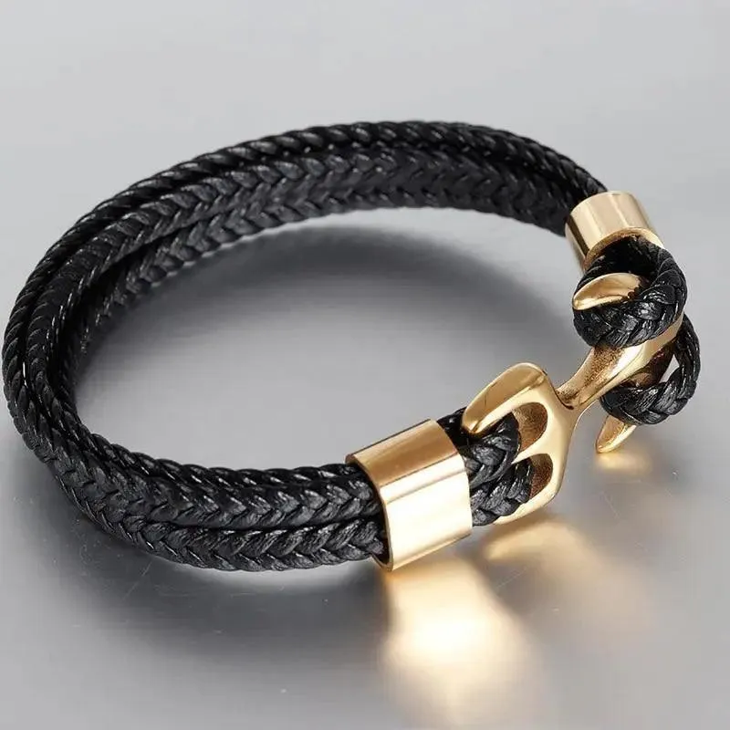 Modern Luxury Stainless Steel For Men Bracelet Legendary Red Genuine Leather Gold Black Anchor Multi-Layer Braided Bracelet Homme Elegant Men Jewelry