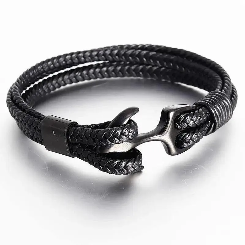 Modern Luxury Stainless Steel For Men Bracelet Legendary Red Genuine Leather Gold Black Anchor Multi-Layer Braided Bracelet Homme Elegant Men Jewelry