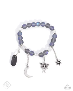 Moth Maestro - Blue - Hematite Bead Charm Paparazzi Stretchy Bracelet - June 2024 Sunset Sightings