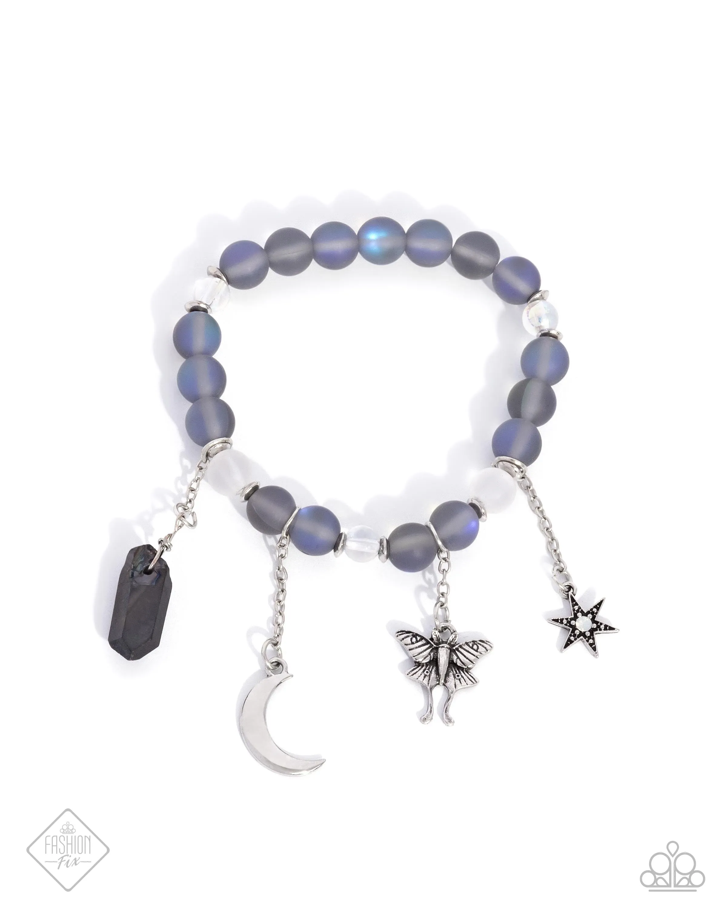 Moth Maestro - Blue - Hematite Bead Charm Paparazzi Stretchy Bracelet - June 2024 Sunset Sightings