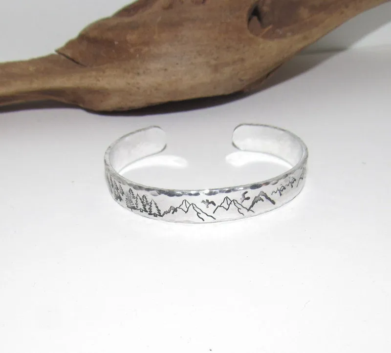 Mountain and tree theme stamped cuff bracelet, mountain lover gift, adjustable silver cuff, stamped jewelry