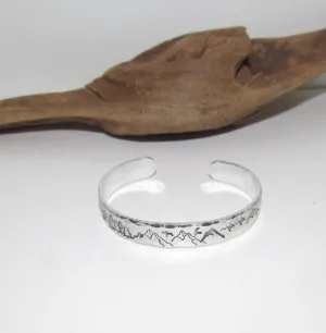 Mountain and tree theme stamped cuff bracelet, mountain lover gift, adjustable silver cuff, stamped jewelry