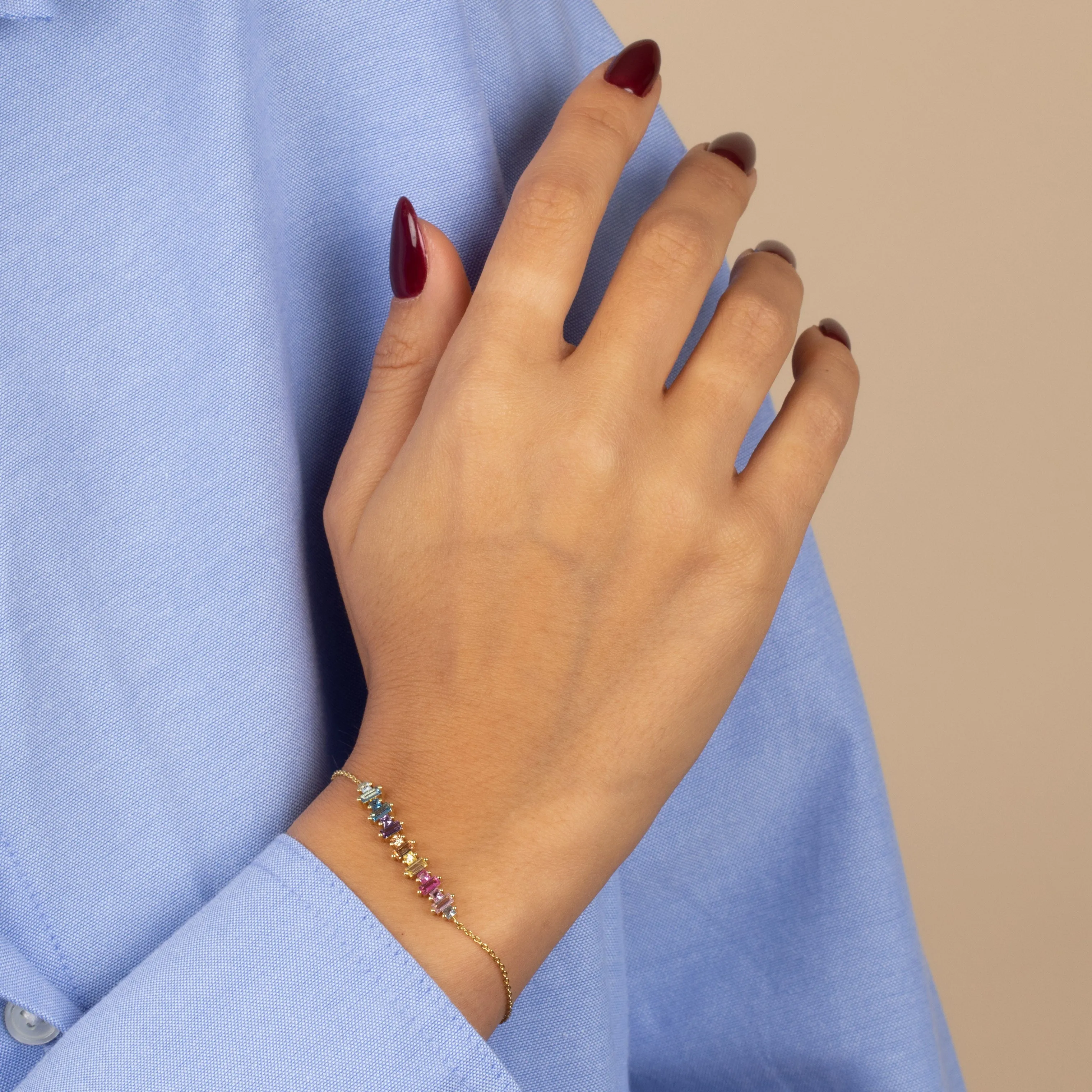 Multi Colored Solitaire X Baguette Bar Bracelet