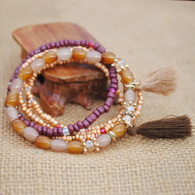Multi-layer Elastic Rope Rice Beads Tassel Bracelet Handmade Beaded Bracelet