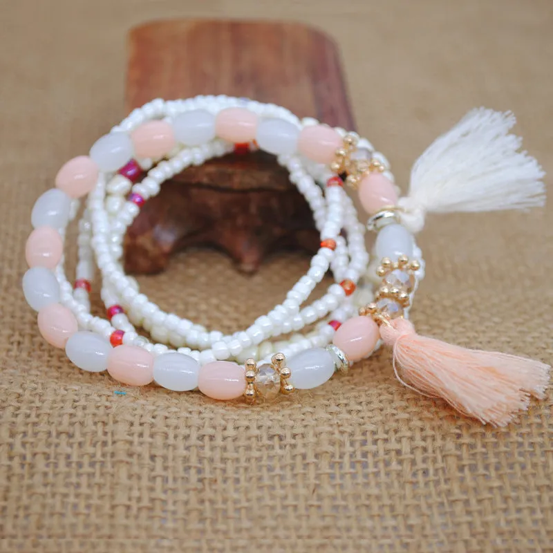 Multi-layer Elastic Rope Rice Beads Tassel Bracelet Handmade Beaded Bracelet